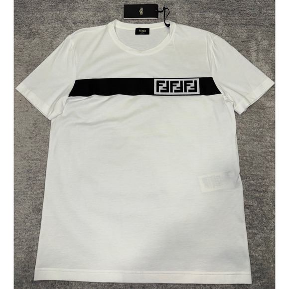 Fendi White Black Striped FF Logo Monogram Short Sleeve Cotton T-Shirt Large L - Picture 4 of 15
